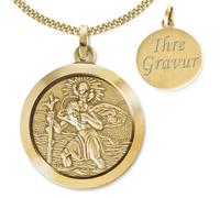 CLEVER SCHMUCK Set mit Gravur Goldener Anhänger Vorderseite Christopherus Ø 24 mm vergoldet mit Rückseite und Kette Panzer 45 cm STERLING SILBER 925 im Etui anthrazit