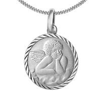 CLEVER SCHMUCK Set mit Gravur: Silberner Anhänger Engel innen seidenmatt Ø 14 mm mit Rand diamantiert glänzend und Kette Sterling Silber 925 mit Etui