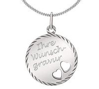 Clever Schmuck Set mit Gravur: Silberner Anhänger Gravurplatte rund 16 mm Ø rand glänzend diamantiert mit ausgestanzten Herzen inklusive Wunschgravur und wählbarer Kette STERLING SILBER 925 im Etui