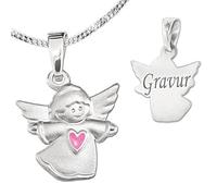 CLEVER SCHMUCK Set mit Gravur: Silberner Anhänger Kleiner Kinderengel 11 x 13 mm seidenmatt mit Herz rosa und Kette wählbar Sterling Silber 925 für Mädchen