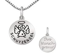 CLEVER SCHMUCK Set mit Gravur: Silberner Anhänger rund Ø 12 mm, seidenmatt mit Engel schwarz eingelasert Sterling Silber 925 und Kette