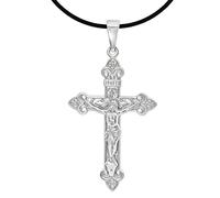 CLEVER SCHMUCK Set Silberner Anhänger großes INRI Kreuz 42 x 22 mm mit Jesus barockstil verziert STERLING SILBER 925 mit Lederband im Etui