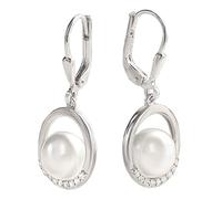 CLEVER SCHMUCK Silberne Damen Perlenohrringe 28 mm mit weißer Perle Ø 9 mm elegant auf einen Silberring schwebend, viele Zirkonia unten STERLING SILBER 925 im Etui