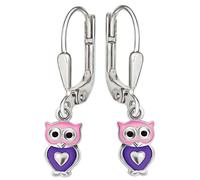 Clever Schmuck Silberne Kinder Ohrringe als Ohrhänger 24 mm kleine Eule 7 mm rosa violett lackiert mit Mini Herz glänzend Sterling Silber 925 für Mädchen im Etui rosa