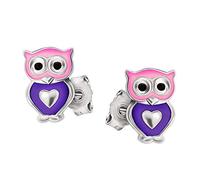 CLEVER SCHMUCK Silberne Kinder Ohrringe als Ohrstecker kleine Eule 7mm mit Herz rosa violett kindlich bunt lackiert STERLING SILBER 925 für Mädchen im Etui rosa