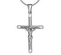 CLEVER SCHMUCK Silberne Kruzifixkette Jesus Kreuz 27 mm plastsiche Form, schmale halbrunde Balken an den Enden abgeflacht Kette Panzer 50 cm 925 Sterling Silber im Kreuz-Etui
