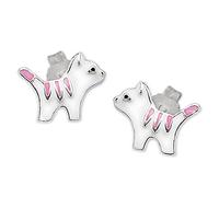 Clever Schmuck Silberne Mädchen Ohrringe als Ohrstecker kleine Mini Katze 6 mm rosa weiß schwarz lackiert glänzend STERLING SILBER 925 für Kinder im Etui rosa