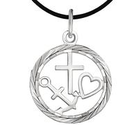 CLEVER SCHMUCK Silberner Damen Anhänger Glaube Liebe Hoffnung Ø 19 mm rund innen offen mit Rand glänzend diamantiert 925 Sterling Silber mit Lederband in Geschenkfaltbox