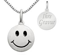 CLEVER SCHMUCK Smiley Halskette kleiner Plättchen Anhänger rund Ø 12 mm und personalisiert mit Wunschgravur auf Rückseite Auswahl Kette Sterling Silber 925