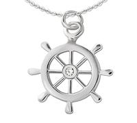 CLEVER SCHMUCK Steuerrad Halskette Schiff für Damen Ø 15 mm mit Zirkonia + Ankerkette 42 cm 925 Sterling Silber im Etui blau