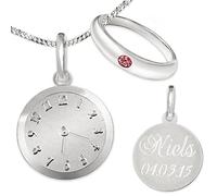 CLEVER SCHMUCK Taufkettchen mit gravierter Uhr Taufring schlicht rubinrot & Anhänger-Uhr mit Gravur & Kette Sterling Sterling Silber 925 zur Mädchen Taufe