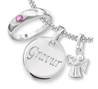 CLEVER SCHMUCK Taufkette personalisiert mit Gravur 3 Anhänger Gravurplatte + Schutzengel + Taufring + Kette STERLING SILBER 925 Taufgeschenk im Etui
