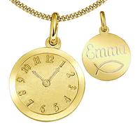 CLEVER SCHMUCK zur Geburt Anhänger Uhr Ø ca. 12 mm Vorderseite Uhr matt und glänzend, Rückseite mit Wunschgravur 925 Sterling Silber vergoldet und Kette im Etui Geschenk für Mütter