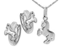 CLEVER SCHMUCKSet Mädchen Creolen Pferd springend 12 mm glänzend & passender Anhänger & Kette Singapur 40 cm STERLING SILBER 925 für Kinder im Etui rosa