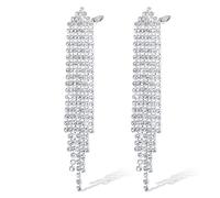 Clip Ohrringe, LucBuy Silberne Strass Ohrhänger mit Quasten, Leichte Lange Ohrstecker mit Fransen Kristallen für Nicht Gestochene Ohren, Trendiger Diamant Ohrhänger für Hochzeit Party (B)