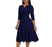 CLOCOR Midi-Kleider für Damen, lässiges Wickelkleid, ausgestelltes Plisseekleid, A-Linie, 3/4-Ärmel, V-Ausschnitt, Kirche, Cocktailkleid, Hochzeitsgästekleid, 008 - Marineblau, 3X-Groß