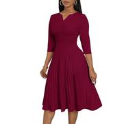 CLOCOR Midi-Kleider für Damen, lässiges Wickelkleid, ausgestelltes Plisseekleid, A-Linie, 3/4-Ärmel, V-Ausschnitt, Kirche, Cocktailkleid, Hochzeitsgästekleid, 11 rot, Groß