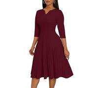 CLOCOR Midi-Kleider für Damen, lässiges Wickelkleid, ausgestelltes Plisseekleid, A-Linie, 3/4-Ärmel, V-Ausschnitt, Kirche, Cocktailkleid, Hochzeitsgästekleid, 005-Weinrot, X-Groß