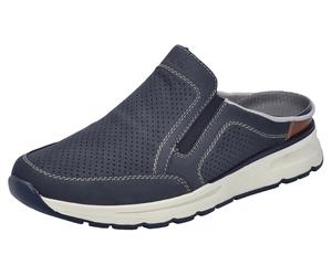 Clog RIEKER, Damen, Gr. 47, blau (nachtblau), Nubuklederimitat, kontrastfarbene Details, Schuhe Clog, Sommerschuh, Hausschuh mit seitlichen Stretcheinsätzen (57552245-47) nachtblau