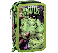 Clondo 3-Fach Federmäppchen für Avengers Hulk Fan - 44-teilig, komplett gefüllt - mit Schere, Lineal, Buntstiften -Grün - ideal für Schule & als Geschenk