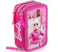 Clondo 3-Fach Federmäppchen für Barbie Fan - 45-teilig, komplett gefüllt - mit Schere, Kleber, Buntstiften, Filzstifte - Rosa - ideal für Schule & als Geschenk Mädchen