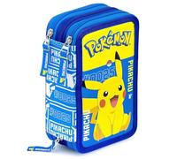 Clondo 3-Fach Federmäppchen für Pokemon Fan - 45-teilig, komplett gefüllt - mit 2 löschbaren Gelstiften, Schere, Kleber, Buntstiften - Blau und Gelb - ideal für Schule & als Geschenk