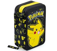 Clondo 3-Fach Federmäppchen für Pokemon Fan - 45-teilig, komplett gefüllt - mit 2 löschbaren Gelstiften, Schere, Kleber, Buntstiften - Schwarz und Gelb - ideal für Schule & als Geschenk