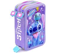 Clondo 3-Fach Federmäppchen für Stitch Fan - 45-teilig, komplett gefüllt - mit 2 löschbaren Gelstiften, Schere, Kleber, Buntstiften - Lila - ideal für Schule & als Geschenk