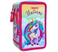 Clondo 3D Federmäppchen mit 3 Fächern für Mädchen, für Einhorn-Fan, dreifach gefüllt, 44 Schulzubehör, 3 Reißverschlüsse, 20 cm, Lineal, Buntstifte, Filzstifte