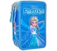 Clondo 3D Federmäppchen mit 3 Fächern für Mädchen, für Frozen Die Eiskönigin Fan, dreifach gefüllt, 44 Schulzubehör, 3 Reißverschlüsse, 20 cm, Lineal, Buntstifte, Filzstifte, ELSA