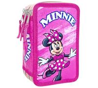 Clondo 3D Federmäppchen mit 3 Fächern für Mädchen, für Minnie Fan 25, dreifach gefüllt, 44 Schulzubehör, 3 Reißverschlüsse, 20 cm, Lineal, Buntstifte, Filzstifte