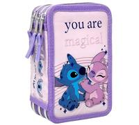 Clondo Dreifach Gefüllt Federmäppchen für Kinder, für Stitch und Angel Fans, Mädchen, 44 Schulutensilien, 3 Reißverschlüsse, Buntstifte, Filzstifte, Schere