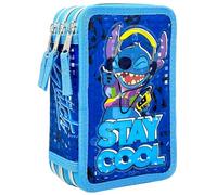 Clondo Dreifach Gefüllt Federmäppchen für Kinder, für Stitch Fans, Jungen und Mädchen, 44 Schulutensilien, 3 Reißverschlüsse, Buntstifte, Filzstifte