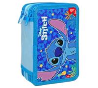 Clondo Dreifach Gefüllt Federmäppchen für Kinder, für Stitch Fans, Jungen und Mädchen, 44 Schulutensilien, 3 Reißverschlüsse, Buntstifte, Filzstifte, Schere