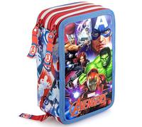 Clondo Jungen 3-Fach Federmäppchen für Avengers Fan - 45-teilig, komplett gefüllt - mit Schere, Kleber, Buntstiften 3.0 - Blau - ideal für Schule & als Geschenk - Iron Man, Captain America, Hulk