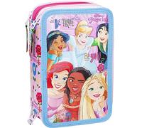 Clondo Mädchen 3-Fach Federmäppchen für Disney Prinzessinnen Fans - 44-teilig, komplett gefüllt - mit Schere, Lineal, Buntstiften - Rosa & Lila - Ideal für Schule & als Geschenk