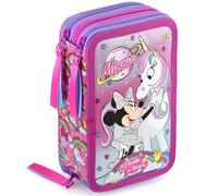 Clondo Mädchen 3-Fach Federmäppchen für Minnie Maus mit Einhorn Fan - 45-teilig, komplett gefüllt - mit Schere, Kleber, Buntstiften - Rosa & Lila - Ideal für Schule & als Geschenk