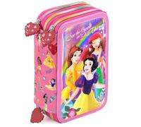 Clondo Mädchen Federmäppchen 3-Fach gefüllt, Für Disney Prinzessinnen Fan, 45-TLG., Rosa, Radierbare Gelstifte, Filzstifte, Buntstifte, Schere, Kleber, Mit Reißverschlussfächern