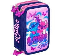 Clondo Mädchen Federmäppchen 3-Fach gefüllt, Für Stitch und Angel Fan, 45-TLG., Rosa, Radierbare Gelstifte, Filzstifte, Buntstifte, Schere, Kleber, Mit Reißverschlussfächern