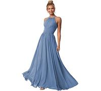 Clothfun Damen Halfter Brautjungfernkleider Lang Chiffon Formelle Kleider Abend Party Kleid 2024, Schiefer, Blau, 36