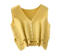 CLSSLVVBN Damen Strickweste, trendiges Tank Top mit V Ausschnitt, modisches Must Have aus weichem Garn für den Übergang zwischen den Jahreszeiten, modische, leichte Einkaufsweste, Gelb, M