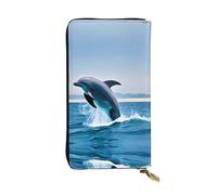 Clutch, Motiv: Jumping Up Delfine, Leder, 19,1 x 10,4 cm, für Münzkarten, Schlüssel