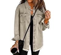 CLXLYU Damen Jeansjacke Mode Langarm Denim Jacke Lose Revers Pure Color Single Breasted Mid Länge Mantel-Grau-XL