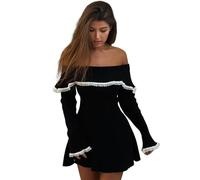 CLXLYU Strickkleid Gestrickte Schulterpullover Mini-Kleiderspitze Patchwork Rippes Saded Open-Rückenkleid-Schwarz-M