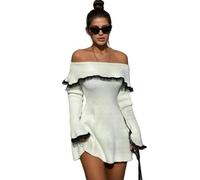 CLXLYU Strickkleid Gestrickte Schulterpullover Mini-Kleiderspitze Patchwork Rippes Saded Open-Rückenkleid-Weiss-S