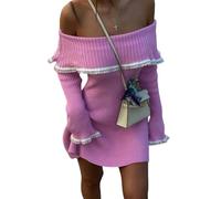 CLXLYU Strickkleid Gestrickte Schulterpullover Mini-Kleiderspitze Patchwork Rippes Saded Open-Rückenkleid-Rosa-L