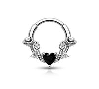 CM Crareesi Mania Septum Daith Piercing Silber Septum Clicker 16G Chirurgenstahl Scharnier Segmentringe 8mm Nasenpiercing Hoop Helix Knorpel Conch Tragus Piecing Ohr Schmuck mit Schwarz Herz Zirkon