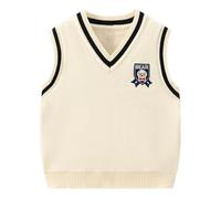 CM-Kid Jungen Ärmellos V-Ausschnitt Strickweste 6 Jahre Kinder Pullunder Gr.116 Herbst Creme Gestrickte Weste Strickpullover