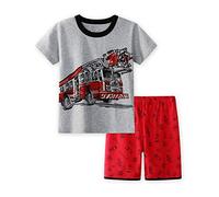 CM-Kid Jungen Pyjamas Kurzarm Kinder Shorty Schlafanzug Set Sommer Baumwolle 2 3 Jahre Feuerwehrauto Grau Gr.98