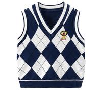 CM-Kid Kinder V-Ausschnitt Strickweste Jungen Pullunder Weste Ärmellos Strickpullover Marineblau Karo Sweatshirt 3 Jahre 98
